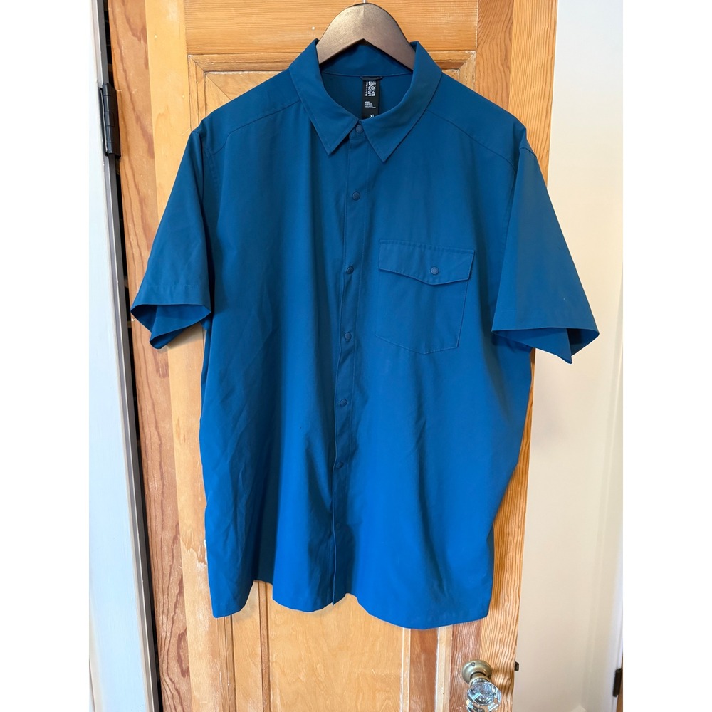 Mountain Hardwear Mens XL Teal Blue Short Sleeve Snap Front Hiking Shirt Vented